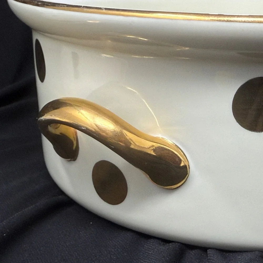 Vintage Hall's Superior Quality Kitchenware 1.75 Qt Gold Polka Dot Casserole 069